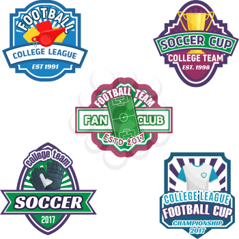 Soccer cup and football sport club badge set. Football game field, soccer ball, champion trophy cup, goalkeeper gloves, referee whistle and card vector symbol for college league championship design