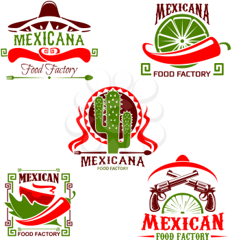Mexican food restaurant of national cuisine symbol set. Meat taco, chili pepper and tomato sauce vector icon with sombrero hat ,cactus and gun for fast food emblem and delivery service design