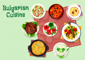 Bulgarian cuisine dinner menu icon. Grilled beef kebab, stuffed pepper with cheese, baked fish in tomato sauce, vegetable salad, potato cheese pie, chicken vegetable stew, cream soup, cold yogurt soup