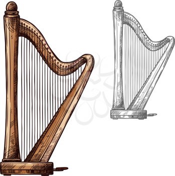 Harp string musical instrument. Vector sketch symbol of classic orchestra or ancient Greek opera acoustic stringed harp for music concert or folk festival design