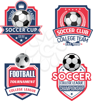 Soccer sports club or football championship cup icon templates. Vector isolated set of soccer or football ball, goal star on ribbon, victory wreath and crown on shield for sport team champion league