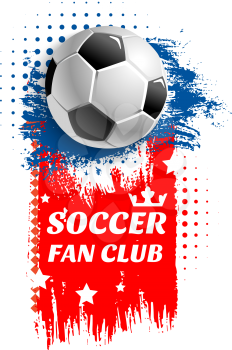 Soccer fan club icon or poster of 3D football ball in goal gates at arena stadium. Vector design of stars and victory crown for soccer championship or champion league sport tournament