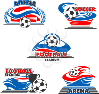 Soccer arena or football stadium icon with balls for sport or game championship icon design. Vector isolated set of flying football ball to goal, soccer winner cup award in stars and laurel wreath