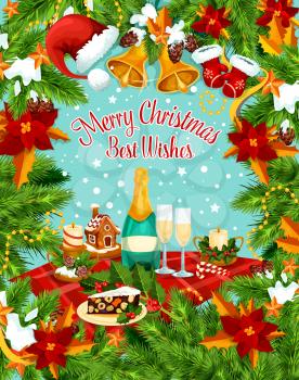 Merry Christmas greeting card design for winter holiday celebration wish. Vector Santa gifts and Christmas tree wreath garland or golden bell decoration, champagne and candy cookie for New Year season