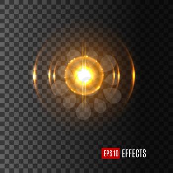 Light lens flare effect with shining flash. Vector isolated icon of glittering sparkle of sun rays glare or starlight beams of twinkling star with gleaming solar burst on transparent background,