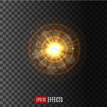 Light flash beams with lens flare effect of glittering sunlight or star light and sparkling rays. Twinkling starlight with radial gleaming solar burst. Vector isolated icon on transparent background
