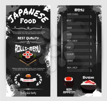 Japanese cuisine and sushi restaurant menu template. Vector design of Asian cuisine dishes price of sushi roll, seafood soup and ramen noodles, fish sashimi and drinks or chef desserts