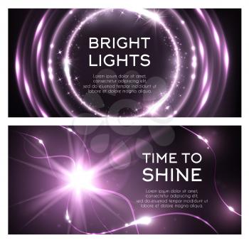Light flash or lightning shine effect of spark burst. Vector glittering bright lights and sparkling glitter beams or ray with shiny twinkling stars and radial illumination with purple color background