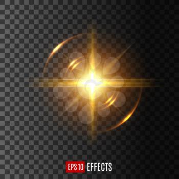 Light shine flash or sun beam with lens flare effect on transparent background. Starlight or spotlight ray of glittering sunlight or twinkling glitter light vector isolated icon
