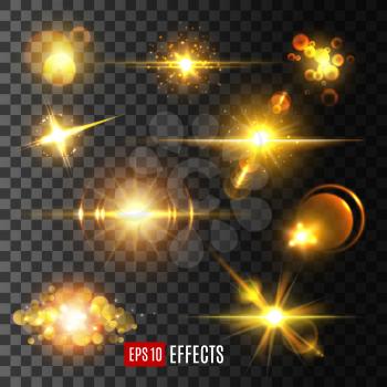 Golden star light flashes and sparkles on transparent background. Vector isolated icons set of sun light beam and starlight with lens flare effect, glittering comet trail and twinkling glitter light