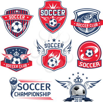Soccer club badges or football championship cup icons set. Vector soccer ball with wings and goal victory laurel wreath or stars on heraldic crown shield for college soccer league team college league