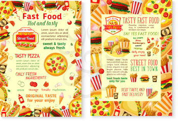 Fast food posters for burgers, pizza and hot dog sandwiches takeaway or restaurant delivery. Vector fastfood bistro or cafe combo meals of cheeseburger, hamburger and popcorn or ice cream and donut