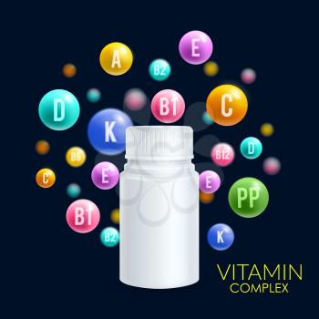Vitamin complex pill and 3D plastic bottle design template for vitamin or dietary supplement advertising. Vector vitamin ball bubbles with letters of A, B and C ascorbic acid, PP or vitamin D mineral