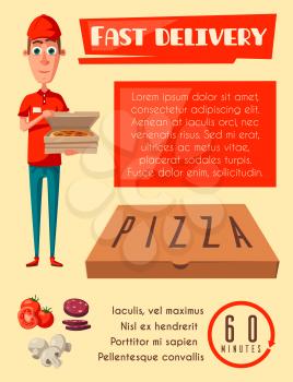 Pizza delivery poster for pizzeria fast food cafe or restaurant. Vector flat design of pizza delivery man with box of margherita or capricciosa ingredients tomato, salami pepperoni and mushrooms