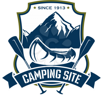 Camping site or outdoor mountain hiking and rafting sport adventure icon for extreme nature explorer team club. Vector isolated canoe boat on river and alpine mount rock with ribbon fro camp trip