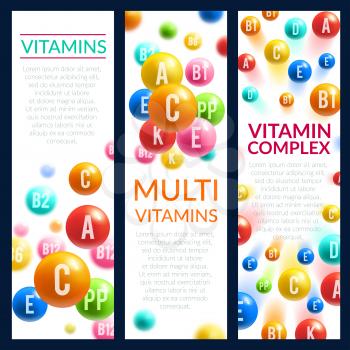 Vitamin complex banners of vitamins bubbles with names of A, B and ascorbic acid C and PP or multivitamin D. Vector design for minerals and dietary supplement or healthy lifestyle advertising template