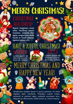 Merry Christmas winter holiday seasonal wishes fro greeting card design. Vector snowman and Santa reindeer with Christmas tree lights garland decoration, Xmas gifts, golden bell and gingerbread cookie