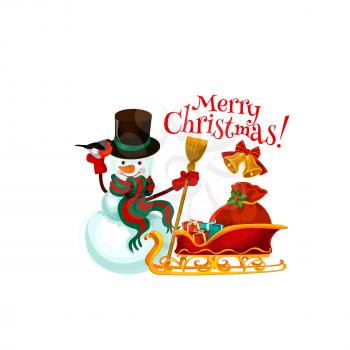 Merry Christmas icon of snowman with broom and Santa sleigh with New Year gifts bag. Vector isolated Christmas greeting text with winter holiday holly ornament on white snow background
