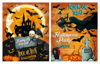 Halloween holiday party poster or invitation card template. Vector horror design of Halloween pumpkin lantern, haunted house on graveyard or dead man zombie hand or skull and full moon witch