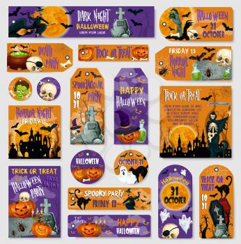 Halloween spooky party tag and label set. Horror ghost, Halloween pumpkin in witch hat and scary bat, creepy skeleton skull, haunted house with cemetery, grave and zombie for autumn holiday design