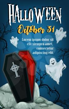 Halloween spooky night party invitation poster or greeting card of scary ghost and creepy coffin for zombie monster. Vector tombstone on grave for Halloween 31 October trick or treat holiday design