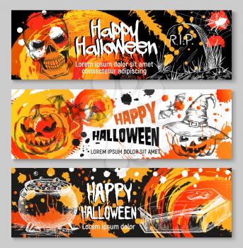 Happy Halloween night holiday sketch greeting banners templates of pumpkin lantern and zombie skeleton skull. Vector trick or treat design of Halloween monster party, black bat and tomb on grave