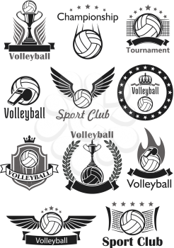 Volleyball vector icons set of sport club balls, game tournament winner cup award, victory laurel wreath and crown. Team championship or contest emblems, ribbons and stars, referee whistle and gates