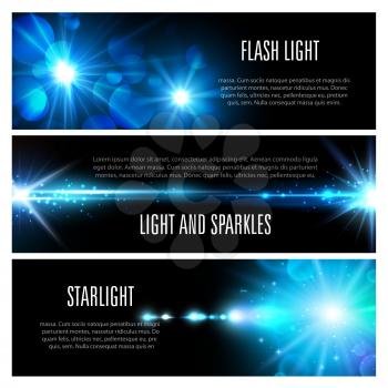 Light effect banner set with blue shine of light flash, glare of sun and star, glow of bright ray with glitter, sparkles, lens flare and bokeh. Christmas holiday invitation or space themes design