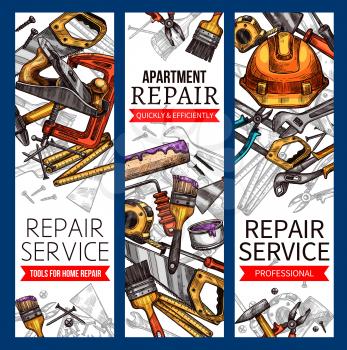 Repair service banners of work tools for house construction or apartment renovation. Handyman safety helmet, carpentry hammer or saw and woodwork grinder, screwdriver and paint brush. Vector sketch