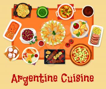 Argentinian cuisine icon. Grilled and baked beef, meat pie empanada, meat vegetable stew, herb sauce, onion tomato pizza, bean salad, chicken corn roll, cookie with milk caramel, dried fruit cake