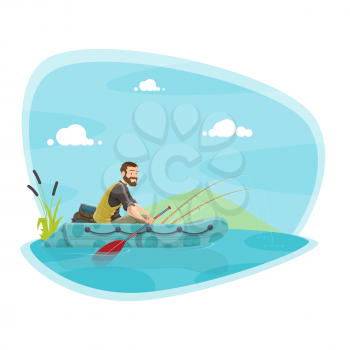 Fishing sport icon of boat fishing outdoor activity. Fisherman fishing from rubber boat on lake or river with rod and net cartoon symbol for sport, leisure and recreational hobby themes design