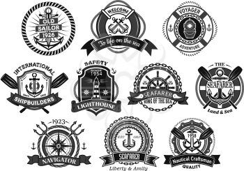 Marine seafarer or sailor vector icons. Heraldic badges set of nautical symbols of ship helm and anchor, captain navigator compass and voyager lighthouse or life buoy with ribbons and trident chains