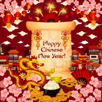 Chinese New Year wish text on paper scroll in cherry blossom flowers and fireworks. Vector golden dragon and China city, red lanterns or Chinese dumplings and clouds for lunar new year greeting card