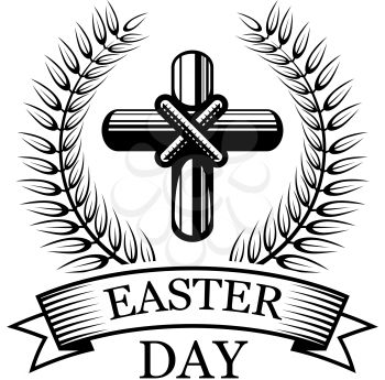 Easter Day icon of crucifix cross, laurel branch and ribbon. Vector isolated symbol of Christian crucifixion for Happy Easter and He is Risen religious holiday design template of palm leaf wreath