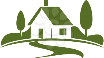 Country house or green home icon for real estate agency or ecology home concept. Vector isolated symbol of farm house in green forest or woodlands park for landscape designing company