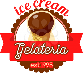Ice cream shop or gelateria icon design for fast food dessert cafe or candy cafe bistro menu. Vector template of chocolate ice cream scoop in wafer cone with choco glaze or vanilla gelato in waffle