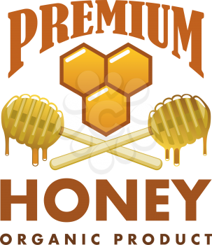 Honey organic beekeeping farm product icon template. Vector isolated of bee hive honeycomb and wooden dipper spoons with honey splash drops for apiary beekeeper packaging label design