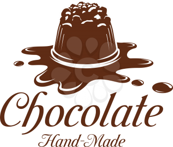 Chocolate candy or comfit dessert on chocolate splash icon template for sweet hand made choco product label design template. Vector isolated chocolate cake for patisserie or confectionery
