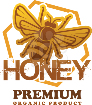 Honey premium organic product icon of bee on honeycomb in hive. Vector isolated yellow design template for beekeeping farm honey product or packaging label or apiary farming
