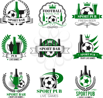 Soccer sports pub icons for live games championship beer pub. Vector isolated symbols of beer drink and football ball or soccer cup champion ribbon or team league cup tournament for pub menu