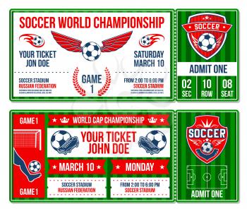 Soccer world cup championship entry tickets design template. Vector football sports game tickets green and red color for international tournament of soccer ball, league flags and golden cup award