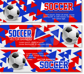 Soccer championship or football sport game tournament background banners design template. Vector red, blue and white, soccer ball at arena stadium for international cup or college team match