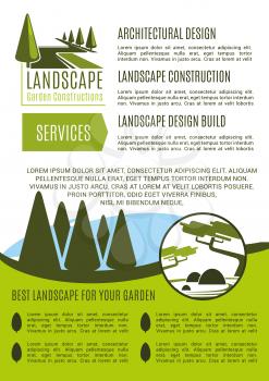 Gardens landscape design and gardening horticulture company service poster template. Vector green nature trees or park gardens and woodland plantations for landscaping and green garden construction