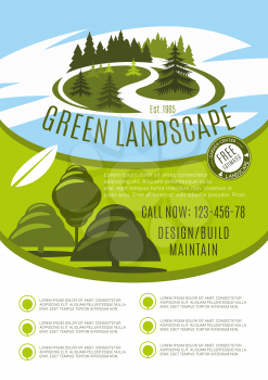 Green landscape design, build and maintain service company poster. Vector gardening or garden horticulture landscaping for green nature trees or park gardens and woodland plantations design template