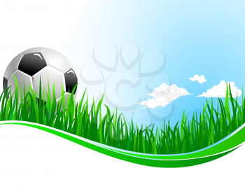 Soccer or football game background design template for fan club or college team championship and sport tournament. Vector soccer ball on arena stadium grass field and clouds on sky