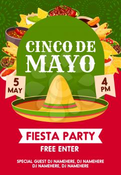 Cinco de Mayo mexican holiday sombrero with festive food invitation banner for fiesta party template. Mexican hat with taco, burrito and nacho, avocado guacamole, chili pepper salsa sauce and churros