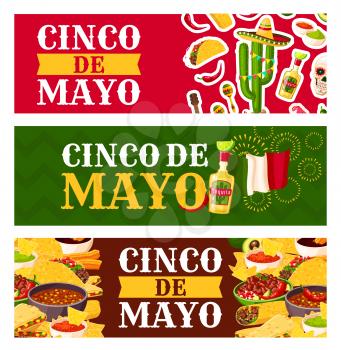 Mexican Cinco de Mayo holiday festive symbols and fiesta party food greeting banner. Chili pepper, margarita and flag of Mexico, corn taco, burrito and nachos card, decorated with sombrero and maracas