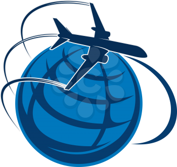 Airplane flying around world globe icon template for travel agency or transportation and mail post logistics company. Vector isolated design of aircraft over blue for airlines or tourism