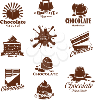 Chocolate candies and comfits desserts or choco splash icons for product packaging design template. Vector isolated set of chocolate candy bar or cake and pie for patisserie or confectionery