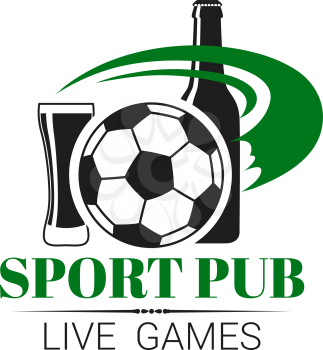 Soccer sports pub icon for live championship fan club or menu. Vector isolated symbol of football ball, beer bottle and draught beer glass pint for soccer league team fans or cup match tournament